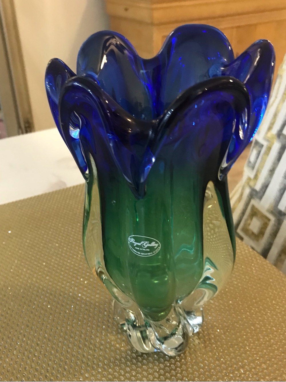 Royal Gallery Green and Cobalt Blue Art Glass Vase